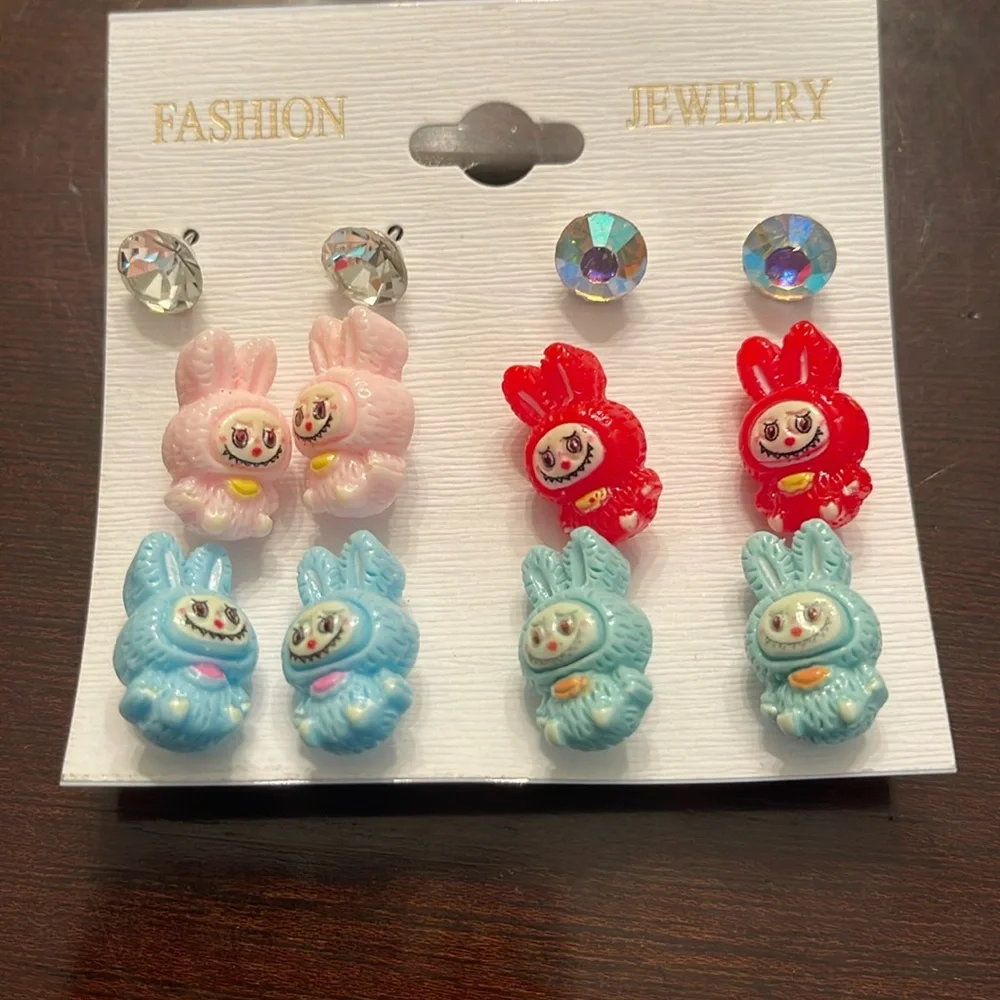 Colorful Cartoon Labubu Monster Character Earrings Set of four pairs with bonus